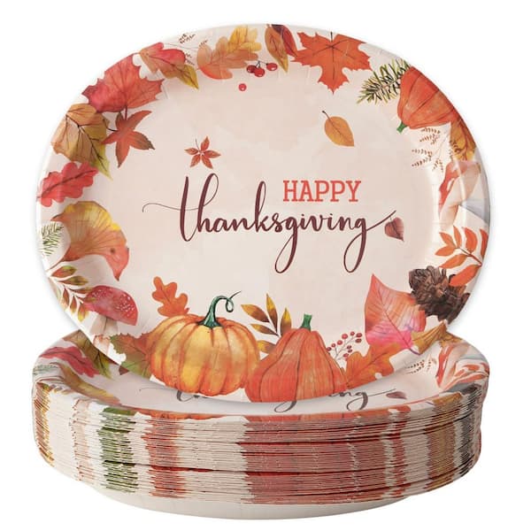 50 Count Large 10 x 12.5 in. Oval Heavy Duty Disposable Paper Plates with Fall Harvest Pumpkin and Maple