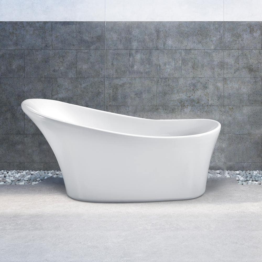 63'' White Acrylic Freestanding Soaking Tub with Chrome Drain