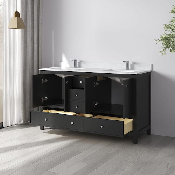Origo 60 in. W x 22 in. D x 35 in. H Double Sink Freestanding Bath Vanity in Black Oak w/ Calacatta Cultured Marble Top