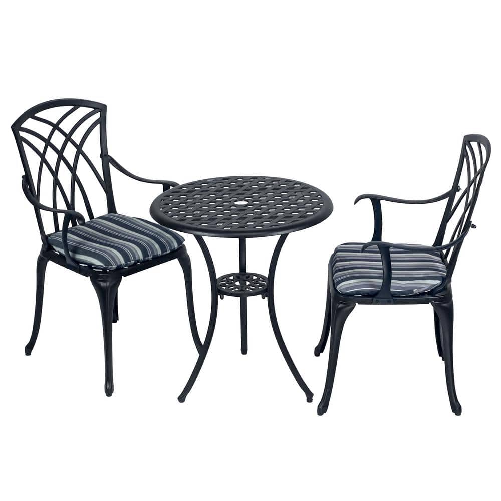 Ekta Black Cast Aluminum 3-Piece Patio Bistro Set with Cushions