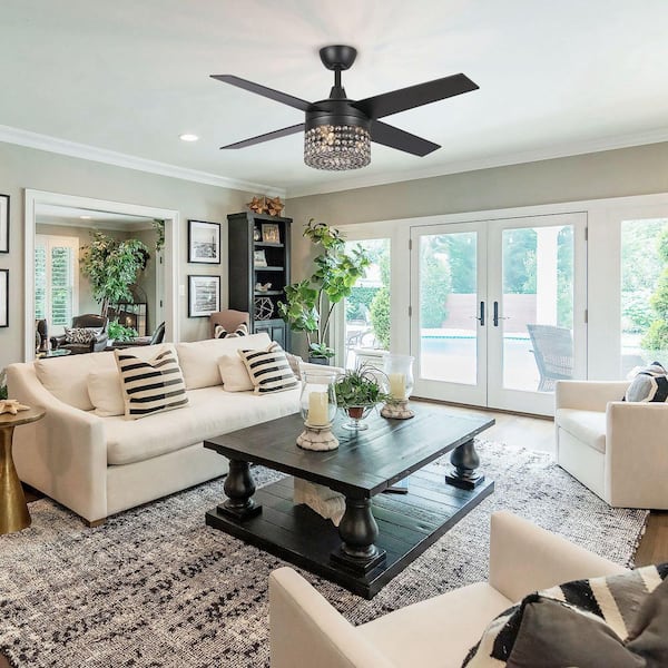 Wolfgang 48 in. Indoor Modern Black Crystal Ceiling Fan with Light Kit and Remote Control