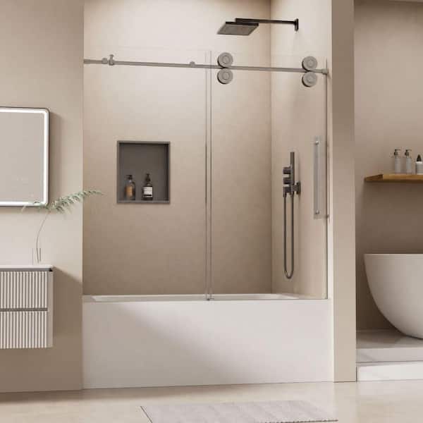 56 in.-60 in. W x 60 in. H Single Sliding Frameless Tub Door in Brushed nickel with 5/16 in. Clear Tempered Glass