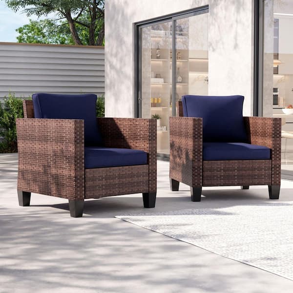 2-Piece Patio Sofa Brown Wicker Outdoor Single Sofa Set, Navy Blue