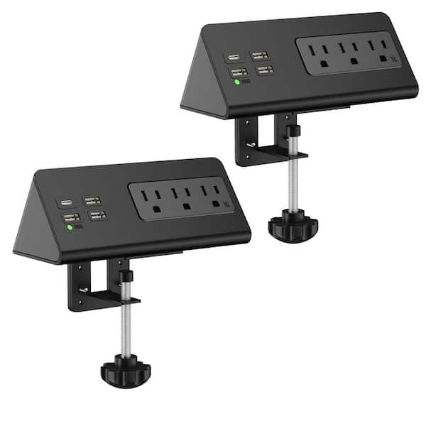 phyfalip Nightstand Edge Mount Power Strip with USB-C and USB-A Ports in Black 2-Pack for Desk Clamp Use