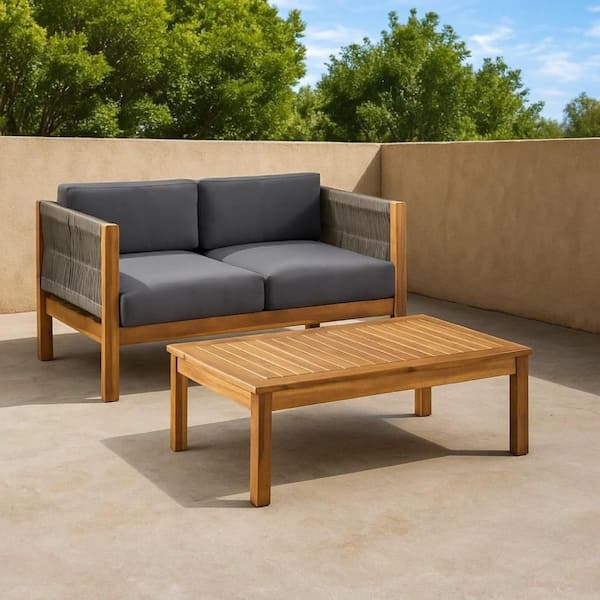 2-Piece Brown Acacia Wood Outdoor Loveseat and Coffee Table Patio Conversation Set with Dark Gray Cushions