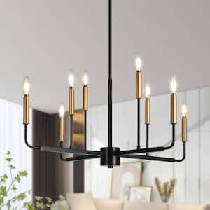 Modern 8-Light Black Candlestick Hardwired Chandelier with Rose Gold Candle Sleeves and No Bulbs Included