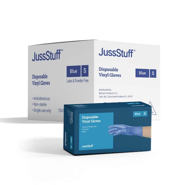 JussStuff Small Vinyl Exam Latex Free and Powder Free Gloves in Blue - 10-Boxes of 100-Gloves (1000 Total)