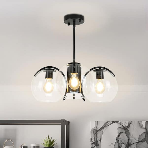 3-Light Black Mid Century Sputnik Globe Chandelier Island Ceiling Light with Glass Shades