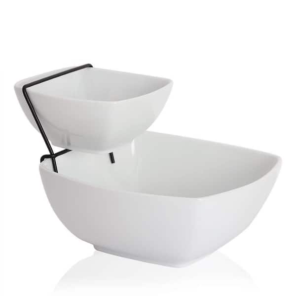 11.2 in. White Non-Toxic AB Grade Porcelain Chip and Dip Serving Set, 2 Tier Chip and Dip Bowls with Stand, Durable