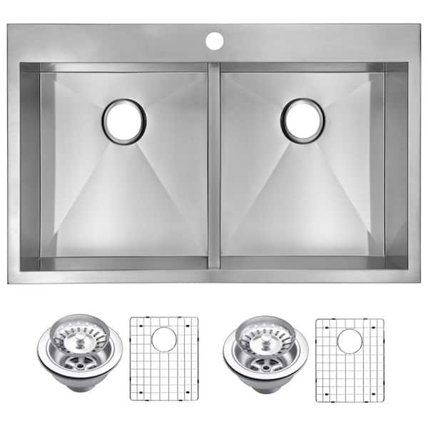 Water Creation Drop-In Stainless Steel 33 in. 1 Hole Double Bowl ...