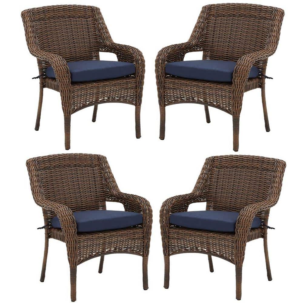 Hampton Bay Cambridge Brown Resin Wicker Outdoor Dining Chairs With Cushionguard Midnight Navy Blue Cushions 4 Pack 65 7148b5 Chr The Home Depot