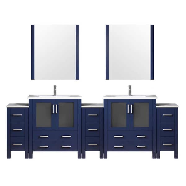 Volez 108" W x 18.25" D Navy Blue Double Bath Vanity with Side Cabinets, White Ceramic Top, 34" Mirrors, and Faucet Set