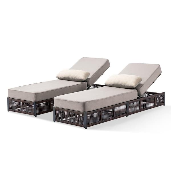 Rotavia Brown 2-Piece Wicker Outdoor Chaise Lounge Patio Adjustable Backrest Lounge Recliner with 5 in. Beige Cushions