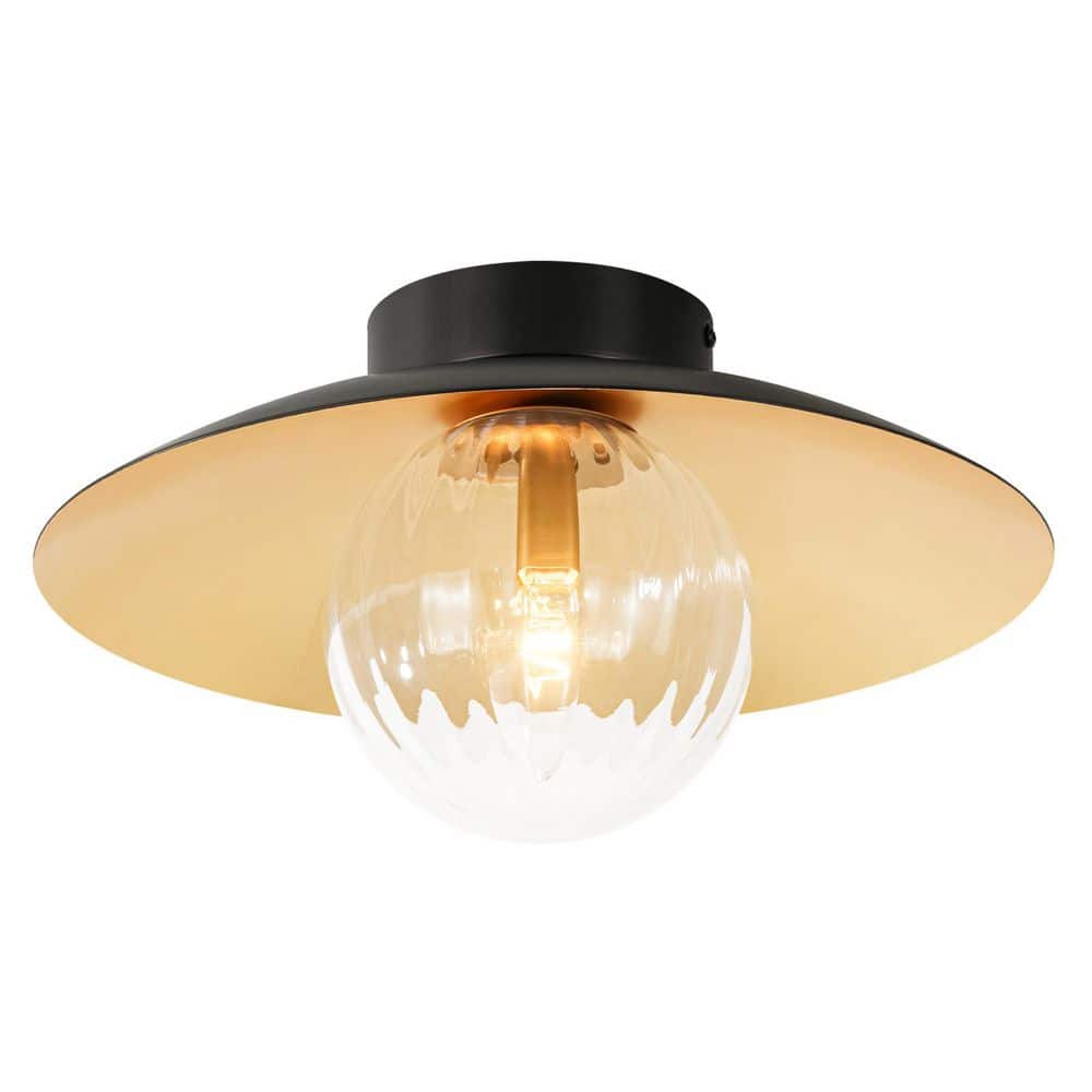 Irving 13.8-in 1-Light Modern Dome Matte Black with Gold Semi-Flush Mount Light with Ribbed Glass Globe for Foyer price history on PriceWatchPro