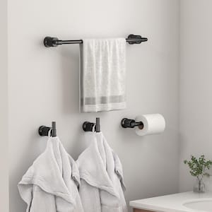Bathroom Accessories Set 4-pack Towel Bar，Toilet Paper Holder ，2Robe Hooks Zinc Alloy in Matte Black
