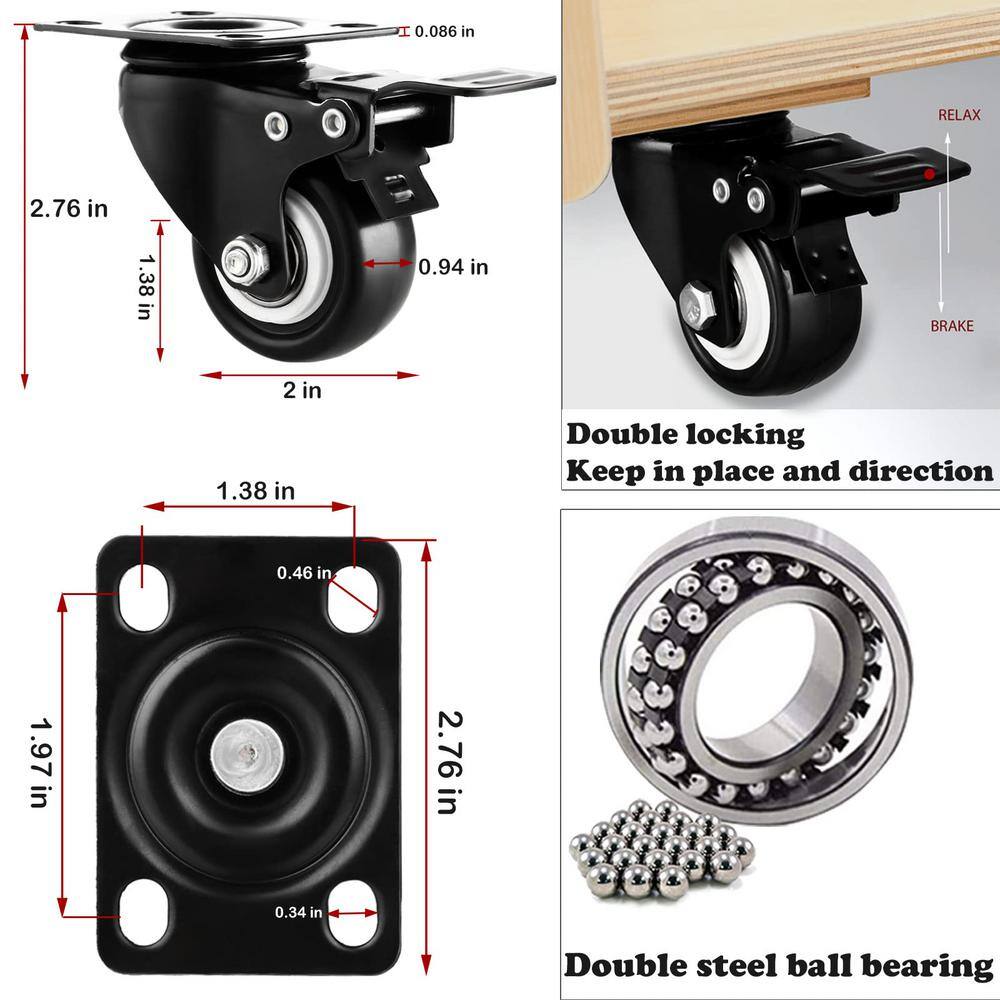 2" Black Heavy-Duty Industrial Caster Wheels Set of 8