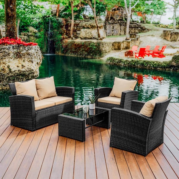 HEARTH & HARBOR 4-Piece Gray Wicker Premium Patio Furniture Wicker Conversation Set with Beige Cushions and Coffee Table