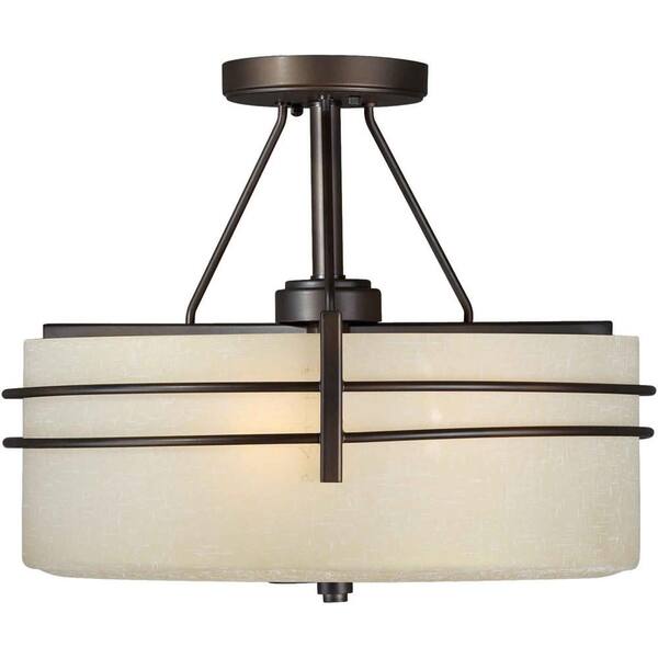 Forte Lighting Ethan 3-Light Antique Bronze Semi-Flush Mount Light with Umber Linen Glass