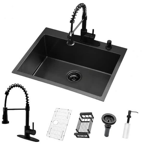 25 in. Drop-In Single Bowl Gold Stainless Steel Kitchen Sink with Pull-Down Faucet and Soap Dispenser Combo