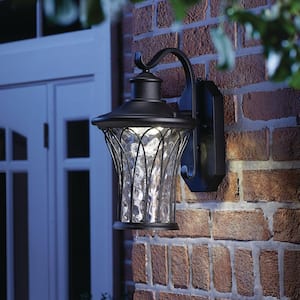 Avia Falls 14.5 in. Black Dusk to Dawn Large LED Outdoor Wall Light Fixture with Clear Water Glass