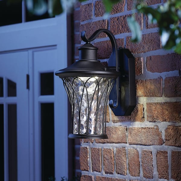 Avia Falls 14.5 in. Black Dusk to Dawn Large LED Outdoor Wall Light Fixture with Clear Water Glass