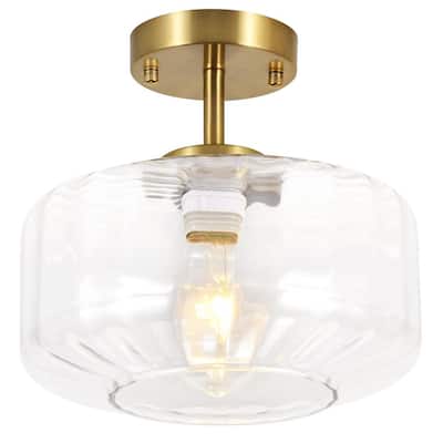 11.02 in. 1 light Gold Drum Water Ripple Clear Glass Semi-Flush Mount for Hallway,Kitchen, Bulb(s) Required Included