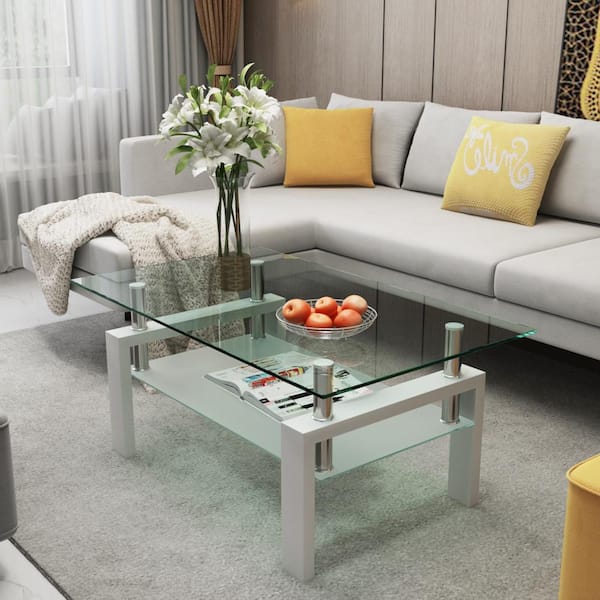J&E Home 39.37 in. White Glass Top Rectangle Modern Coffee Table with Metal Frame