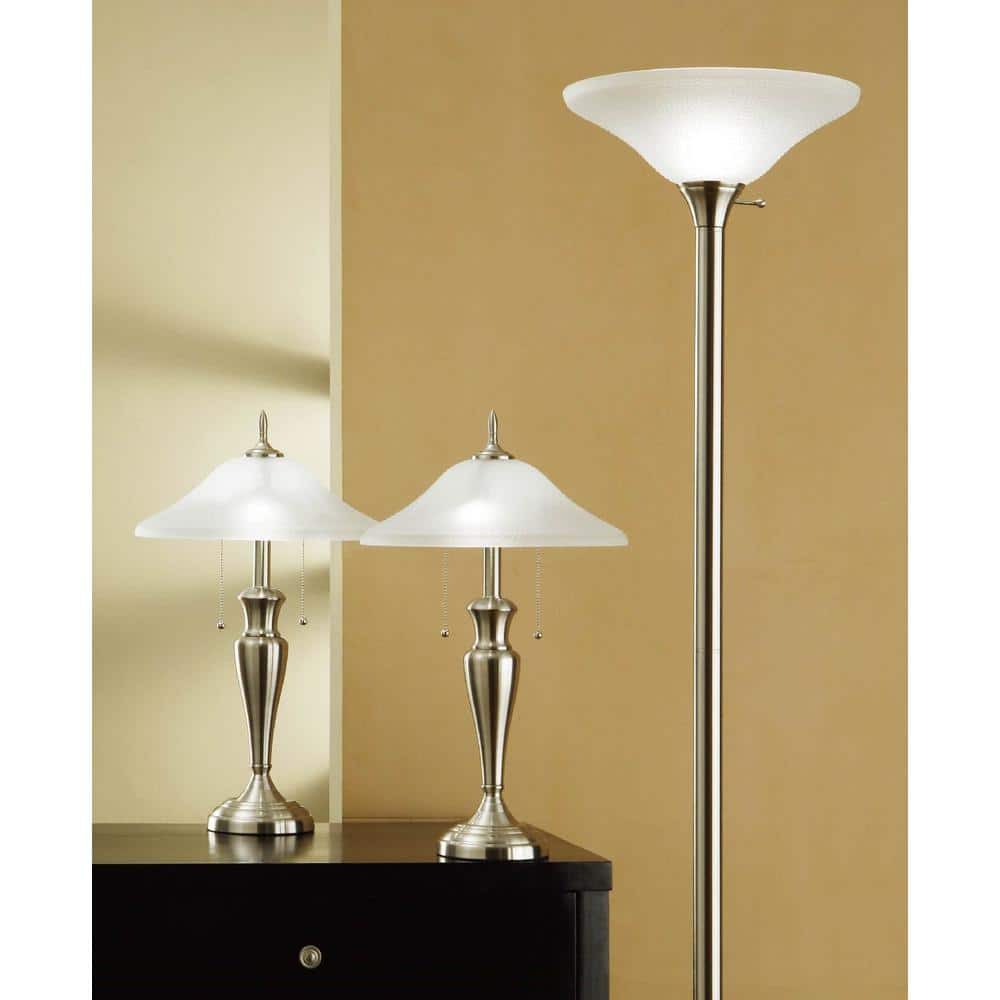 Brushed Steel Torchiere and Table Lamps Set with Glass Shades