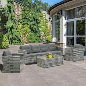 7-Pieces Outdoor Rattan Sectional Sofa Patio Wicker Furniture Sets with Coffee Table and Gray Cushions
