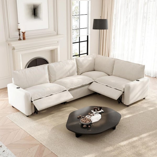 Electric Reclining 107 in. Square Arm Linen 4-Piece L-Shaped Modular Sectional Sofa with Heating,USB Ports in Beige