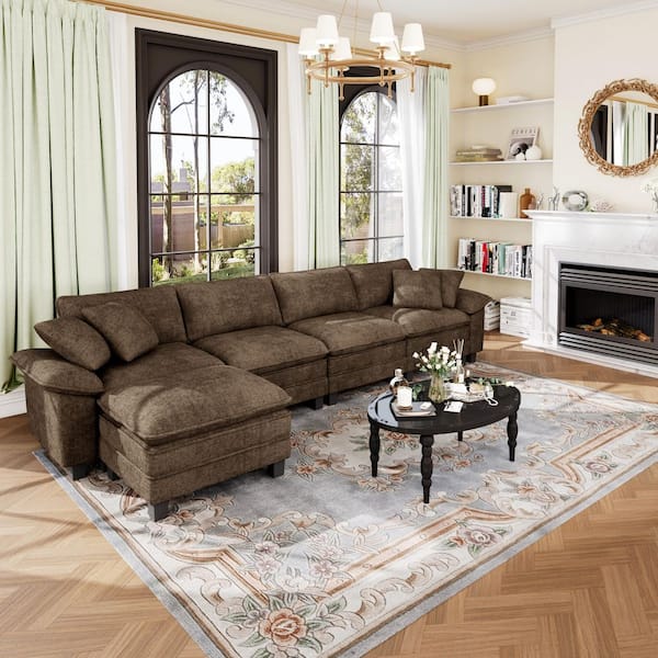 157.5 in. Flared Arm 5-Seat Chenille Modular Sectional Sofa in. Taupe with Throw Pillows and Ottoman for Living Room