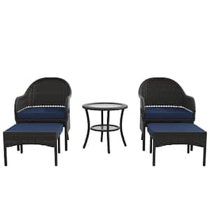 5-Piece Outdoor Wicker Patio Conversation Seating Set with Blue Cushions