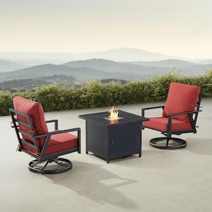 Black 3-Piece Aluminum Patio Fire Pit Set with 2-Club Chairs Red Cushions