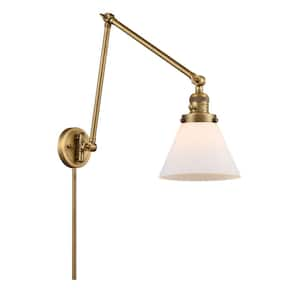 Cone 8 in. 1-Light Brushed Brass Wall Sconce with Matte White Glass Shade with On/Off Turn Switch