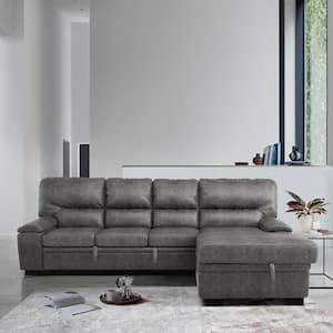 Monroe 114 in. Straight Arm 2-piece Microfiber Sectional Sofa in Dark Gray with Pull-out Bed and Right Chaise