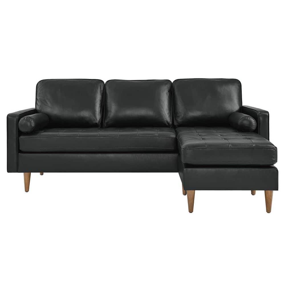 Valour 78" Black Genuine Leather Tufted Sectional Sofa with Ottoman