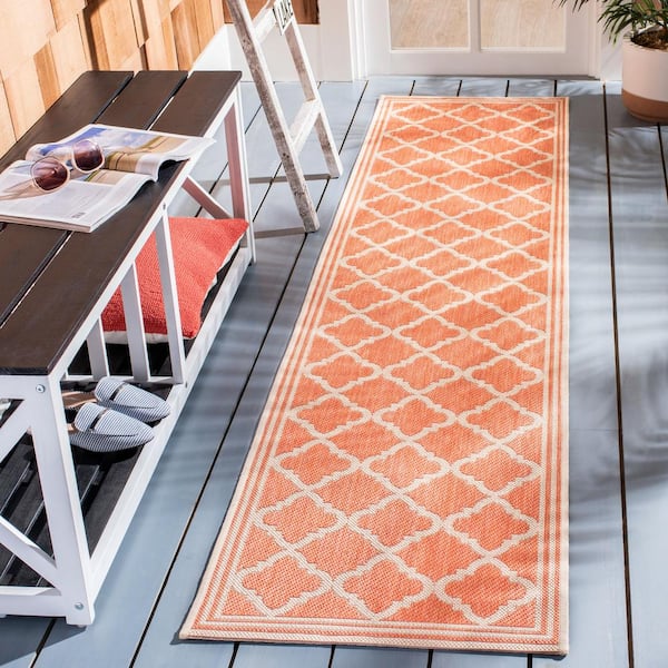 Beach House Rust/Creme 2 ft. x 14 ft. Border Trellis Indoor/Outdoor Runner Rug