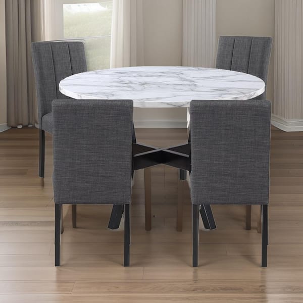 5-Piece Round White, Black and Gray Faux Stone Top Dining Table and Chairs Set Seats 4