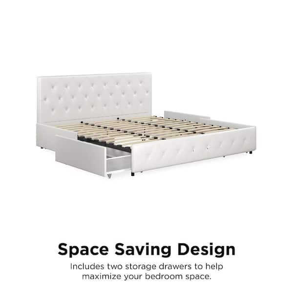 Faux Leather Upholstered King Bed, White Faux Leather Bed Frame With Storage