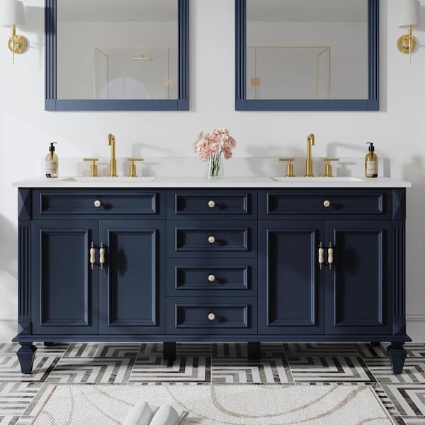 ANGELES HOME 72 in. W x 22 in. D x 35 in. H Solid Wood Bath Vanity in Navy Blue, Certified Double Sink Quartz Top Soft-Close Drawer