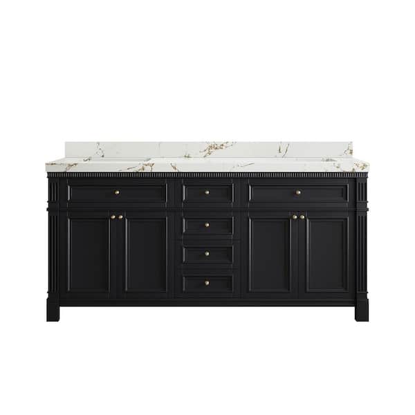 Willow Collections Paris 72 in. W x 22 in. D x 36 in. H Double Sink Bath Vanity in Black with 2 in. Viola Brown qt. Top