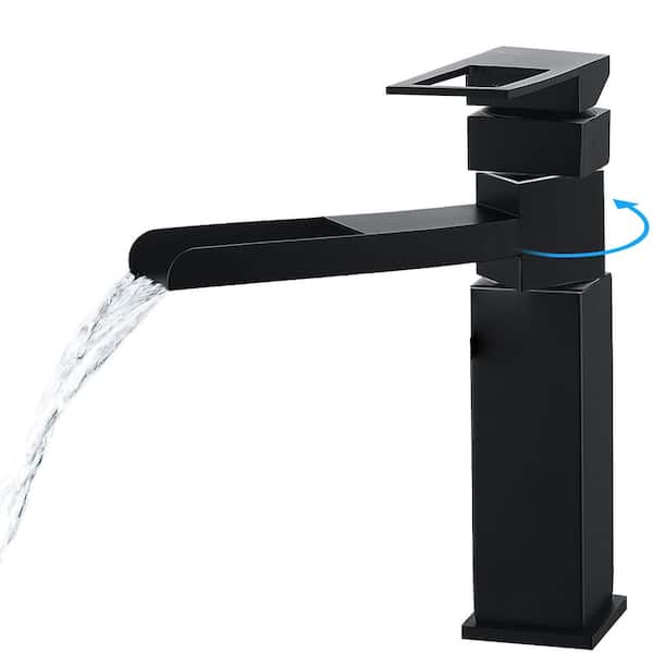 Single Handle Single Hole 360° Rotating Waterfall Spout Bathroom Faucet in Stainless Steel Matte Black