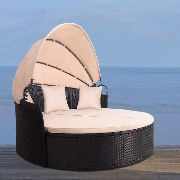 Retractable Canopy With Beige Cushions, Black Wicker Outdoor Furniture Rattan Canopy Daybed