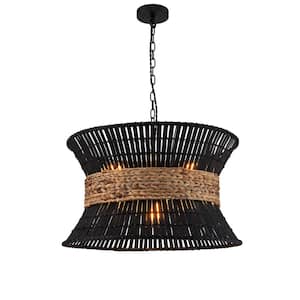 Umber 4-Light Modern Black Rattan Pendant Ceiling Light Fixture Coastal Nautical Chandelier in Matte Black