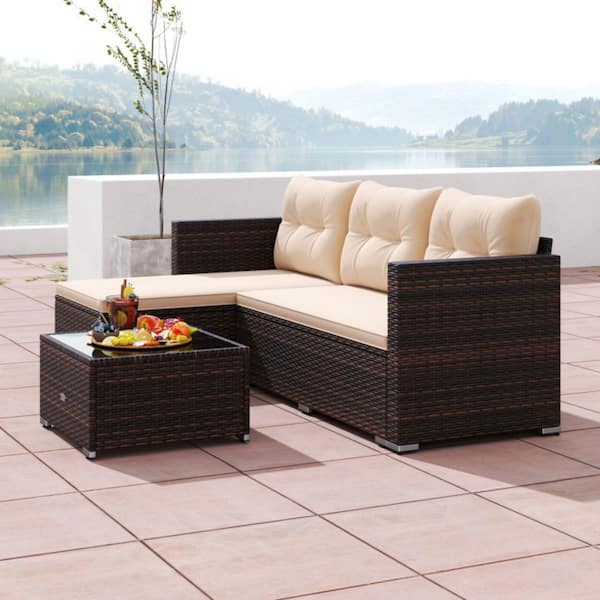 Kadehome 2-Piece Outdoor Wicker Conversation Set with Soft Cushions in Beige