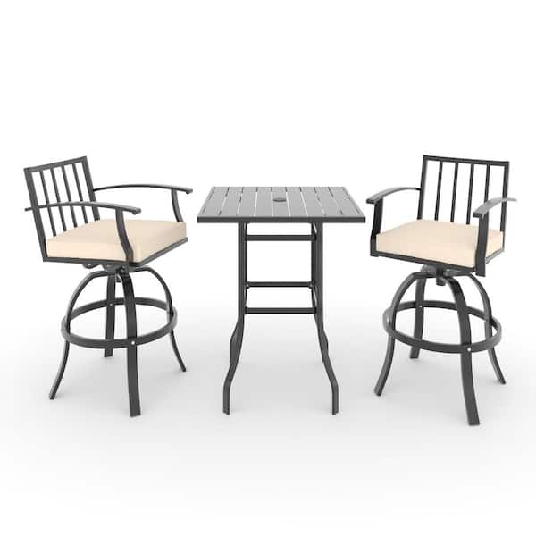 3-Piece Metal Patio Outdoor Bistro Set with Square Bar Table, High Swivel Chairs and Sand Cushions