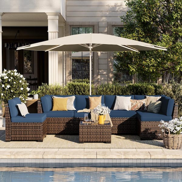 7-Piece Brown Wicker Patio Conversation Set with Navy Cushions