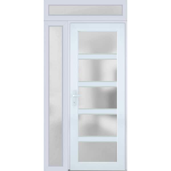 VDOMDOORS 46 in. x 94 in. Right-Hand/Inswing Sidelight and Transom Frosted Glass White Steel Prehung Front Door with Hardware