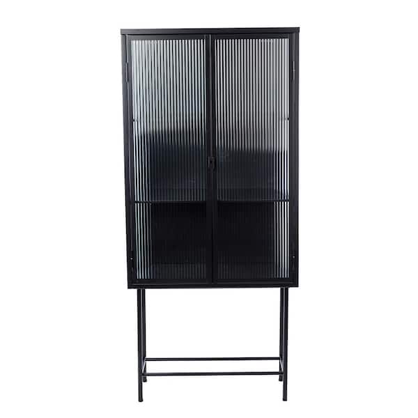 Tileon 2-Shelf Fluted Glass Black Kitchen Pantry Organizer with Dual Doors, Dust-Free Kitchen Storage Cabinet Corner Sideboard