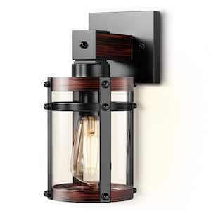 1-Light Black Cylinder Wood Grain Glass Wall Sconce Farmhouse Industrial Rustic Wall Light for Foyer Hallway Living Room